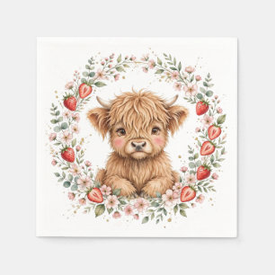 Watercolor Strawberry Highland Cow Farmhouse Napkin