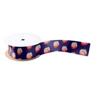 watercolor strawberry in navy satin ribbon