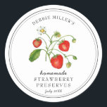 Watercolor Strawberry on white jam jar  Classic Round Sticker<br><div class="desc">Elegant Personalized hand painted watercolor vintage style strawberry jam label on crisp white background. Use for your homemade jam's or anything you choose. Makes great gift. Fill your information on label and enjoy.</div>