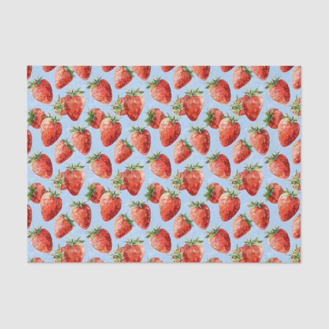 Watercolor Strawberry Pattern Light Blue Decoupage Tissue Paper (Front)