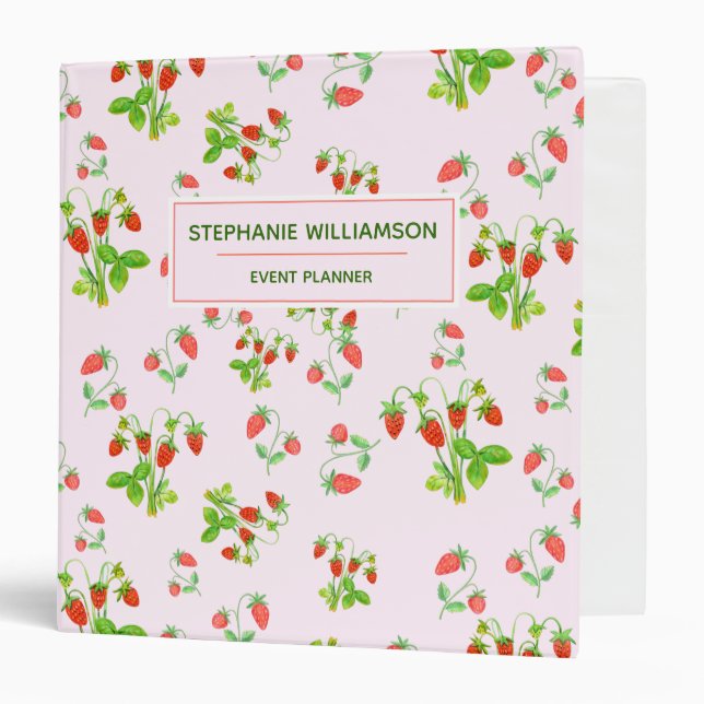 Watercolor Strawberry Pattern on Blush Pink  3 Rin Binder (Front/Inside)