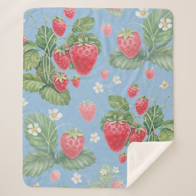 Watercolor strawberry pattern sherpa blanket (Front)