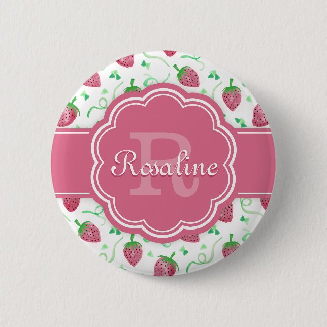 Watercolor Strawberry Pattern with Monogram 2 Inch Round Button (Front)