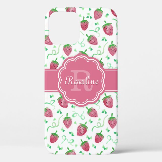 Watercolor Strawberry Pattern with Monogram Case-Mate iPhone Case (Back)