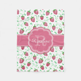 Watercolor Strawberry Pattern with Monogram Fleece Blanket