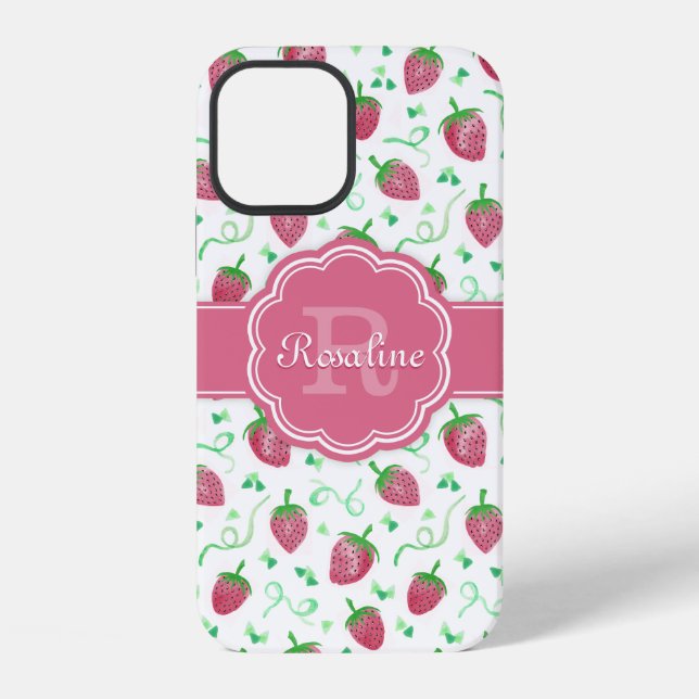 Watercolor Strawberry Pattern with Monogram iPhone Case (Back)