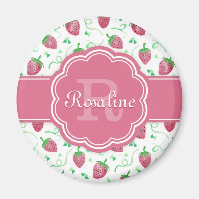 Watercolor Strawberry Pattern with Monogram Magnet (Front)