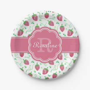 Watercolor Strawberry Pattern with Monogram Paper Plate