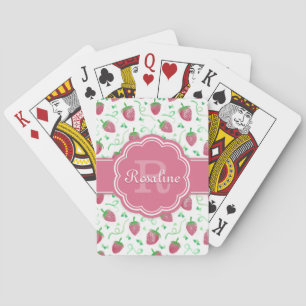 Watercolor Strawberry Pattern with Monogram Playing Cards
