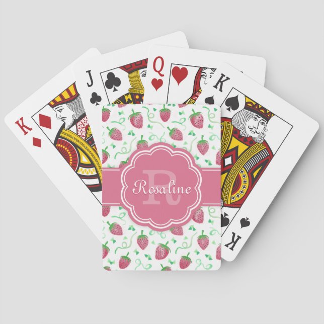 Watercolor Strawberry Pattern with Monogram Playing Cards (Back)