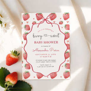 Watercolor Strawberry Pink Bow Baby Shower Invitation