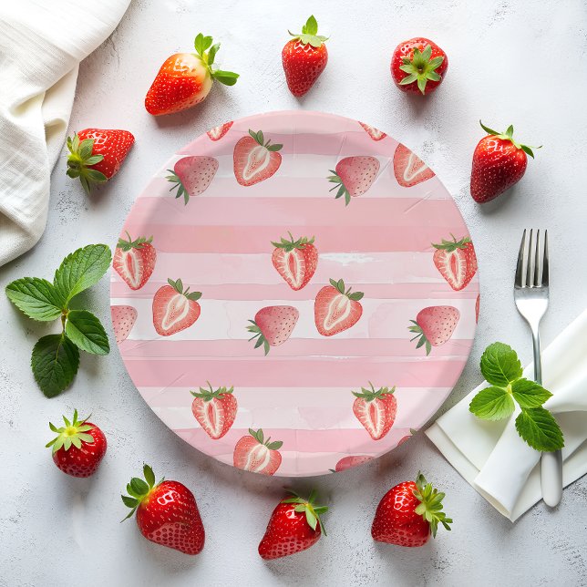 Watercolor Strawberry Pink Stripes Paper Plate (Creator Uploaded)