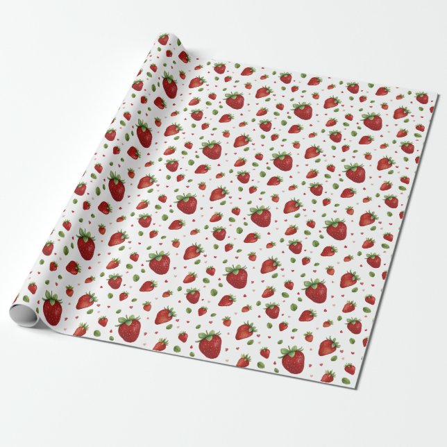 Watercolor Strawberry Red Hearts Birthday  Wrapping Paper (Unrolled)