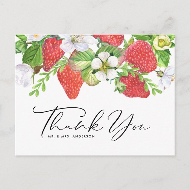 Watercolor Strawberry Summer Wedding Thank You Postcard (Front)