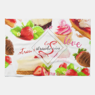 Watercolor Strawberry Sweets Love Monogram Kitchen Towel