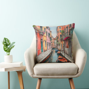 Watercolor Street in Venice Large Throw Throw Pillow