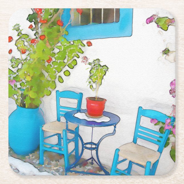 Watercolor street view square paper coaster (Front)