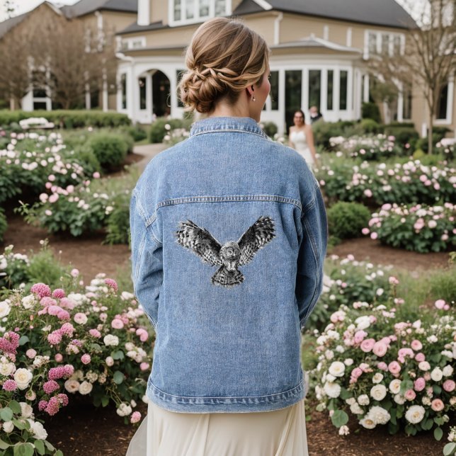 Watercolor Striking Owl Hunting Bird Wildlife Art Denim Jacket (Wedding Back)
