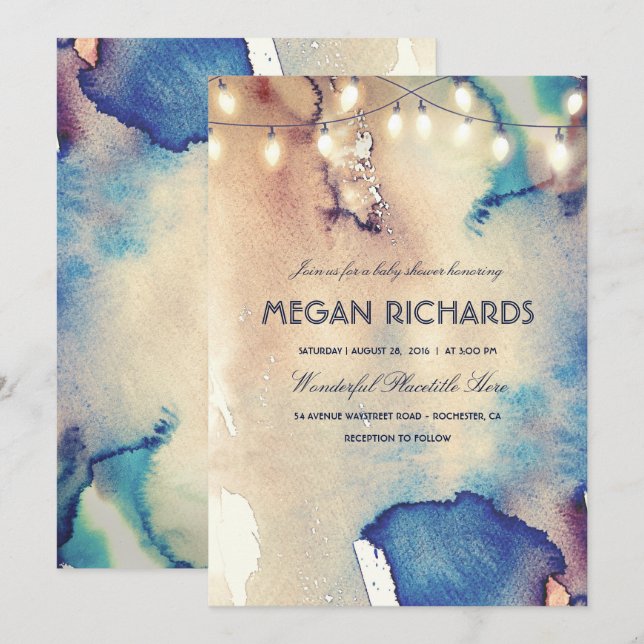 Watercolor String Lights Beach Baby Shower Invitation (Front/Back)
