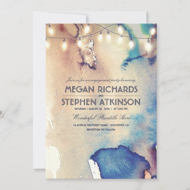 Watercolor String Lights Beach Engagement Party Invitation (Front)