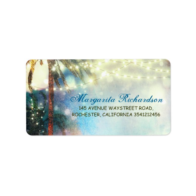 Watercolor String Lights Palms Beach Wedding Label (Front)