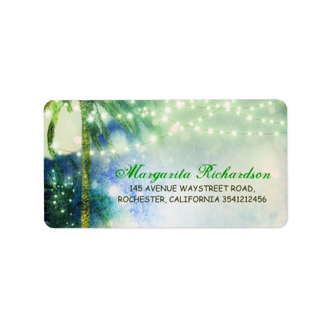 Watercolor String Lights Palms Beach Wedding Label (Front)