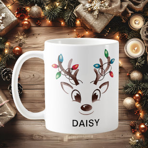 Watercolor String Lights Reindeer Custom Name Coffee Mug