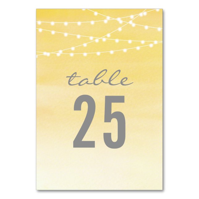 Watercolor String Lights Wedding Table Number (Front)