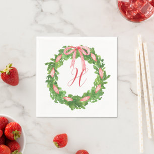 Watercolor Striped Bow Wreath Christmas Monogram Napkin