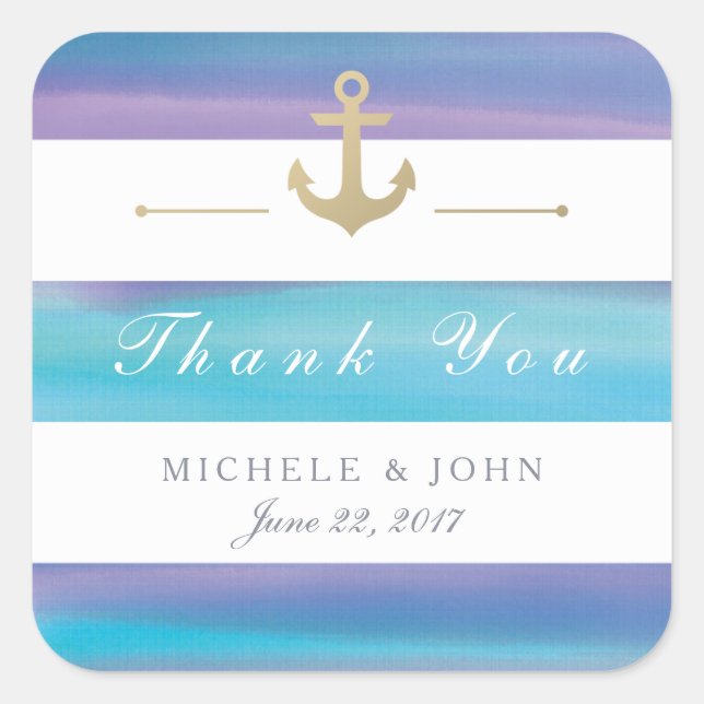 Watercolor Striped Nautical Thank You Stickers (Front)