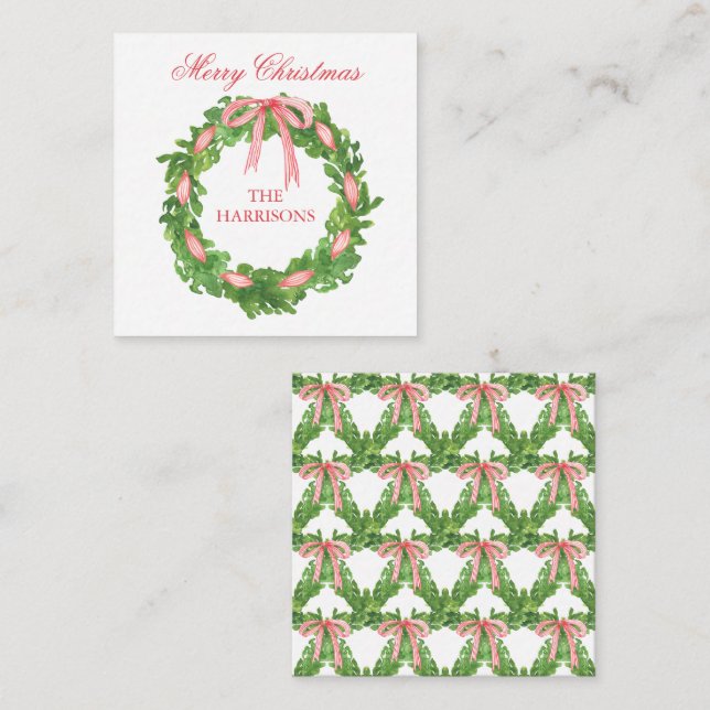 Watercolor Striped Ribbon Wreath Christmas Card (Front/Back)