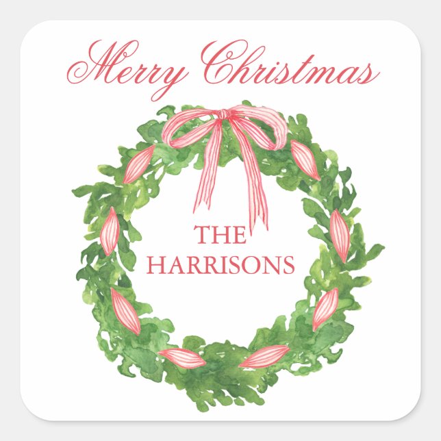 Watercolor Striped Ribbon Wreath Christmas Square Sticker (Front)