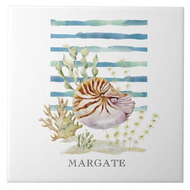 Watercolor striped SHELL Coastal Beach MARGATE Tile (Front)