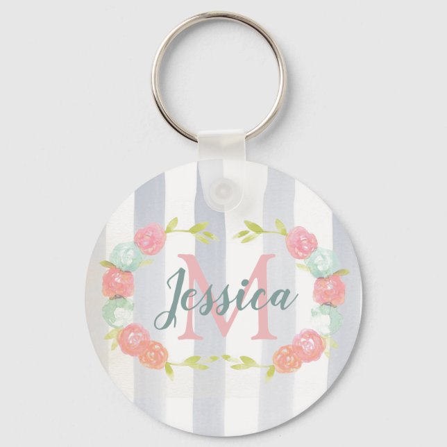 Watercolor Stripes and Floral Monogram Keychain (Front)