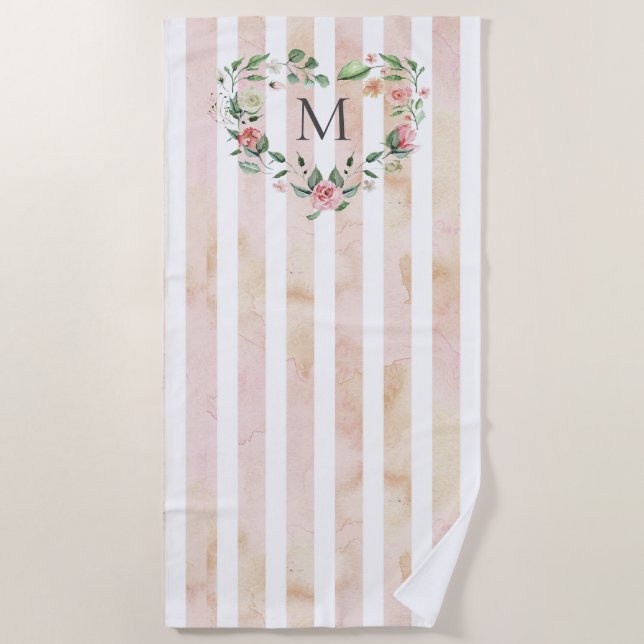 watercolor stripes floral wreath monogram beach towel (Front)