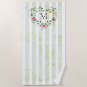 watercolor stripes floral wreath monogram beach towel
