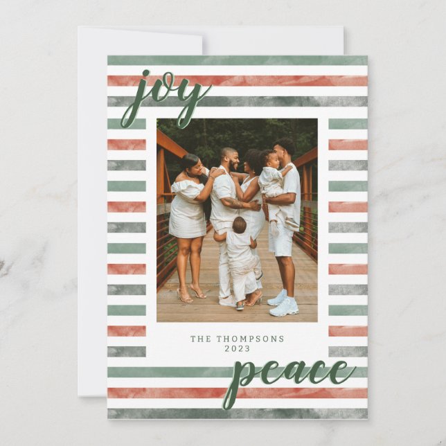 Watercolor Stripes Modern Christmas Photo Card (Front)