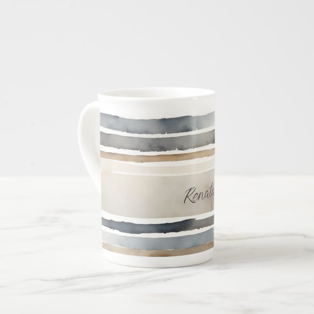 Watercolor Stripes Neutral Colours Bone China Mug (Front Left)