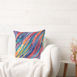 Watercolor Stripes Orange, Pink Blue Green Purple Throw Pillow