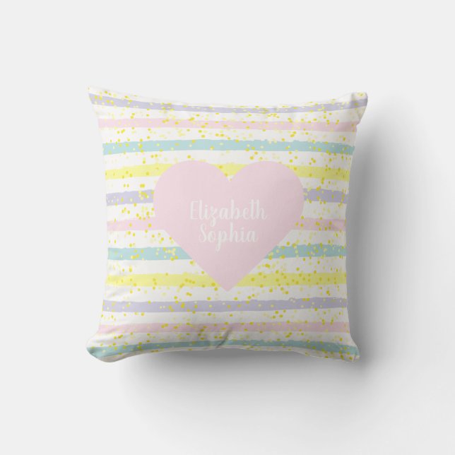 Watercolor Stripes Pink Heart Throw Pillow (Front)