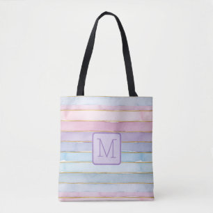Watercolor Stripes Purples Colorblock Monogram Tote Bag
