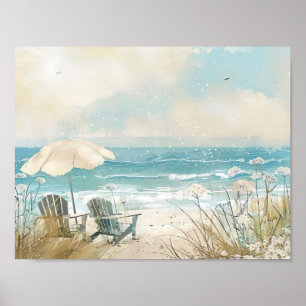 Watercolor style beach scene with white chairs poster