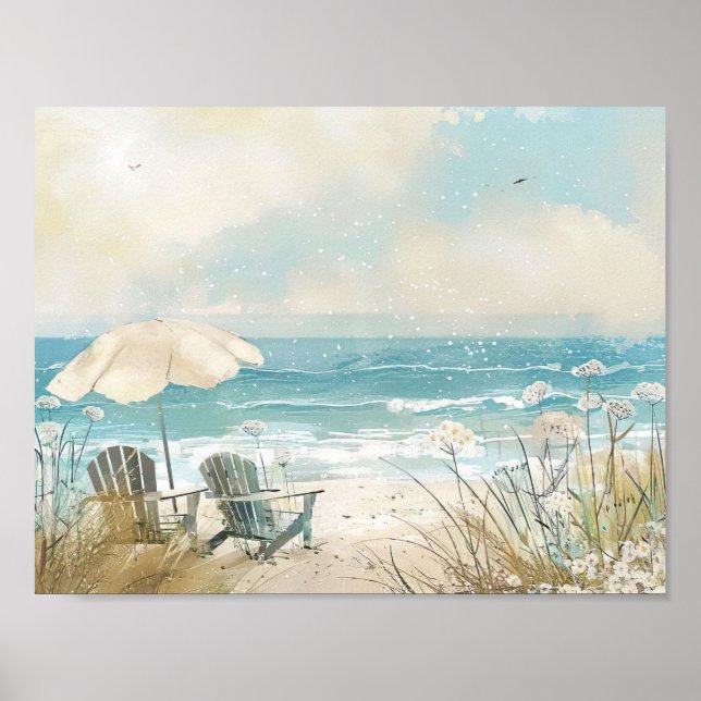 Watercolor style beach scene with white chairs  poster (Front)