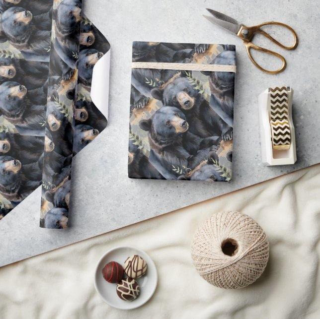  Watercolor Style Black Bears Animal Pattern Art Wrapping Paper (Crafts)