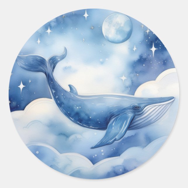 Watercolor Style Blue Whale Dream Classic Round Sticker (Front)