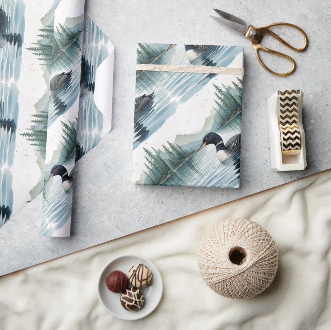  Watercolor Style Common Loon Bird Swimming Lake Wrapping Paper (Crafts)