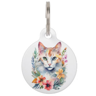 Watercolor Style Floral White Cat Pet Tag