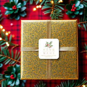 Watercolor Style Holly Branches Handmade Quote Square Sticker