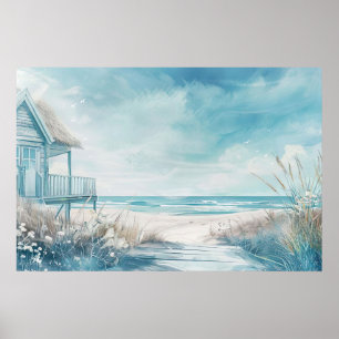 watercolor style illustration beach house poster