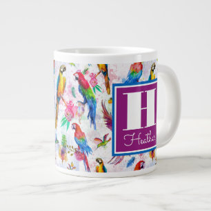 Watercolor Style Parrots   Add Your Name Large Coffee Mug